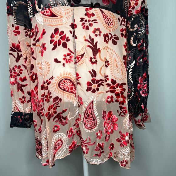 ADORE Crushed Velvet Burnout Paisley Tunic Top Size S Boho Artsy Sheer Lagenlook - Picture 9 of 13